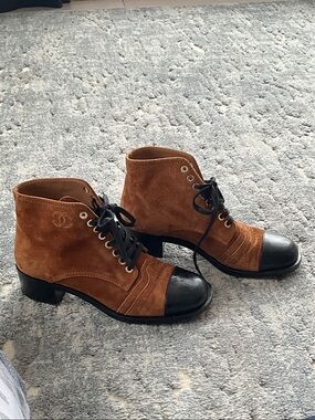 CHANEL Brown Suede Chukka Boots with Black Cap Toe